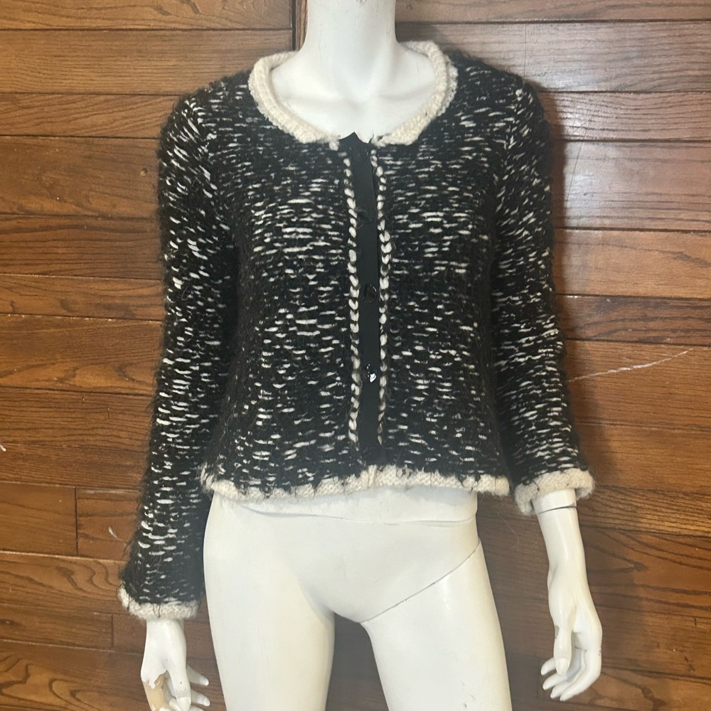 Chic Black and White Knit Cardigan Wool Alpaca Mohair
